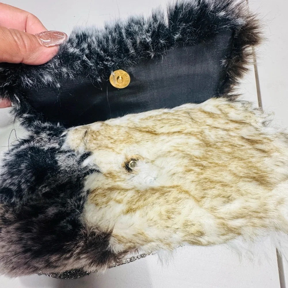 Faux Fur Clutch Bag With Chain Strap Gray White Black Plush Evening Purse